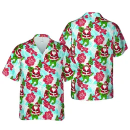 Bigfoot Santa Claus Riding T-Rex Dinosaur Gift Sack Christmas Tree Hibiscus Mosaic Short-sleeve Hawaiian Shirt