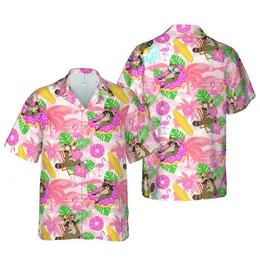 Raccoon Surfboard Donut Beach Chair Hibiscus Palm Tree Coral Pink Green Yellow Short-sleeve Hawaiian Shirt