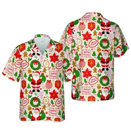 Santa Claus Hawaiian Christmas Gift Boxes Wreaths Holly Poinsettia Reindeer Figures Short-sleeve Hawaiian Shirt