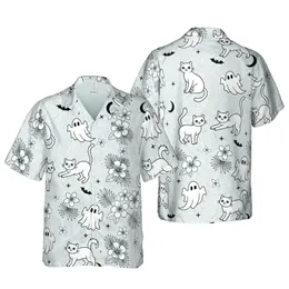 Cat Enthusiast Hawaiian Pattern: Ghost Cats, Black Outlines, Bats, Moons, Stars, Grey Marbled Short-sleeve Hawaiian Shirt