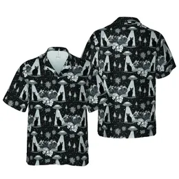 UFO Cats Hawaiian Pattern: Flying Saucers, Fluffy Black Cats, Starry Night Fabric Print Short-sleeve Hawaiian Shirt