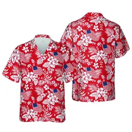 Waving American Flags, White Hibiscus & Swirling Tropical Leaves, Vibrant Red Mosaic Field Short-sleeve Hawaiian Shirt
