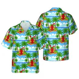 Beach Lover's Upright Red Lobster Cocktail Glass Palm Trees Ocean Seamless Pattern Short-sleeve Hawaiian Shirt