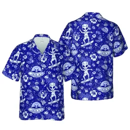 Skateboarder Alien Grey Alien Peace Sign Saucer Ray Gun Stars Navy Blue Short-sleeve Hawaiian Shirt