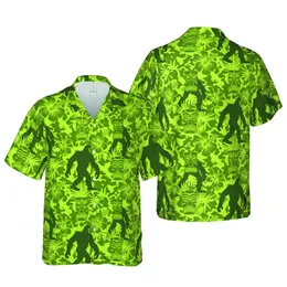Tropical Bigfoot Design: Forest Green Sasquatch Tiki Mask Olive Chartreuse Camo Textile Short-sleeve Hawaiian Shirt