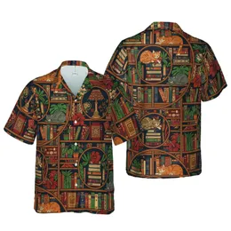 Cat Lover's Hawaiian Library: Tabby Ginger Grey Felines on Vintage Bookshelves Short-sleeve Hawaiian Shirt