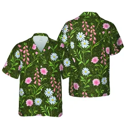 Hawaiian Botanical: Coral Pink Bell Flowers, Blue Lavender Daisies, Olive Green Leaves Short-sleeve Hawaiian Shirt