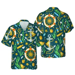 Hawaiian Pattern Silver Anchors White Preservers Golden Ship Wheels Ropes Teal Stippled Design Short-sleeve Hawaiian Shirt