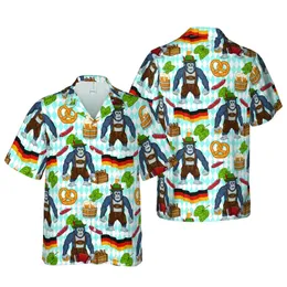 Gorilla Lederhosen Beer Stein Pattern: Bavarian Lozenge, Pretzel, Bratwurst, Accordion Short-sleeve Hawaiian Shirt