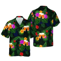 Beer Enthusiast Amber Mugs Clinking Tropical Hibiscus Palm Print Short-sleeve Hawaiian Shirt