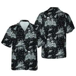 Seamless Edge-to-Edge Bigfoot Alien Hand Heart Monochromatic Cosmic UFO Star Pattern Short-sleeve Hawaiian Shirt