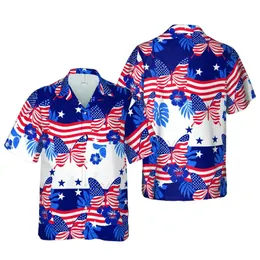 Patriotic Hawaiian Pattern: Flag Butterfly Design, Waving Stripes & Deep Navy Short-sleeve Hawaiian Shirt