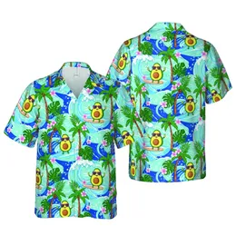 Anthropomorphic Avocado Surfers Pattern: Pink Sunglasses, Plumeria, Ocean Waves Fabric Print Short-sleeve Hawaiian Shirt