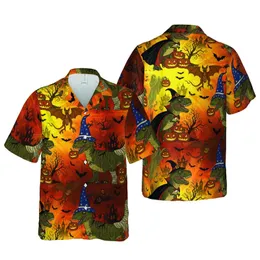 Dinosaur Halloween Hawaiian Design with Costumed T-Rex & Jack-o'-Lanterns Sky Motif Short-sleeve Hawaiian Shirt