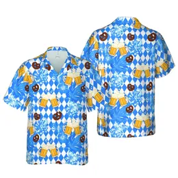 Beer Enthusiast Hawaiian Pattern: Bavarian Blue Diamond Lozenge, Steins, Faces, Pretzels Short-sleeve Hawaiian Shirt