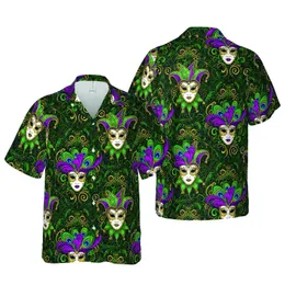 Ornate Jester & Female Masquerade Masks, Peacock Feather Filigree Textile Print Short-sleeve Hawaiian Shirt