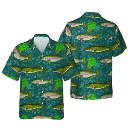 Angler's Pike Bass Perch Trout Fish Deep Teal Hawaiian Water Current Bubbles Pattern Short-sleeve Hawaiian Shirt