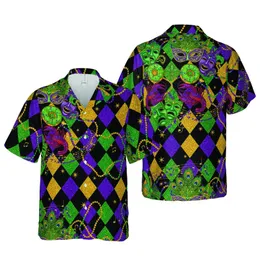 Mardi Gras Masquerade Masks Crawfish Donuts Fleur-de-lis Glitter Argyle Fabric Design Short-sleeve Hawaiian Shirt