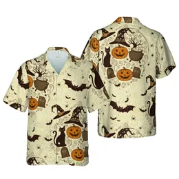 Tropical Halloween Witch Hat Black Cat Jack-o'-lantern Bat Aged Paper Pattern Short-sleeve Hawaiian Shirt