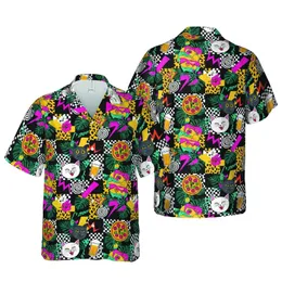 Hawaiian Cats Pizza Burrito Beer 80s Geometric Checkerboard Leopard Design Short-sleeve Hawaiian Shirt