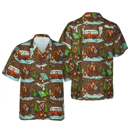 Bigfoot Explorer Hawaiian Camping Fishing Camper Van Log Pine Leaf Design Short-sleeve Hawaiian Shirt