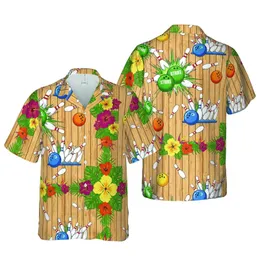 Bowler's Hawaiian Strike Pattern: Green Bowling Balls, Scattered Pins, Wood Lane Short-sleeve Hawaiian Shirt