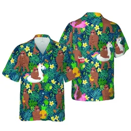 Bigfoot Hawaiian Summer Party: Flamingo Float, Pineapple, Tropical Palm Pattern Short-sleeve Hawaiian Shirt