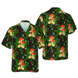Mushroom Snail Fern Botanical Seamless Print – Deep Black Background Red Berry White Flower Pattern Short-sleeve Hawaiian Shirt