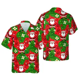 Christmas Santa Hawaiian Pattern: Cartoon Red Green Star Mosaic Botanical Design Short-sleeve Hawaiian Shirt