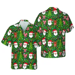 Emerald Green Christmas Hawaiian Pattern: Santa, Rudolph, Tree, Bows, Lights Short-sleeve Hawaiian Shirt