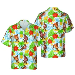 Bigfoot Surfing & Lounging Hawaiian Design: Palm Tree, Hibiscus, Pineapple Print Short-sleeve Hawaiian Shirt