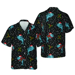 Bass Fish Christmas Hawaiian: Santa Hat Bass, Holly, Snowflake Black Dot Print Short-sleeve Hawaiian Shirt
