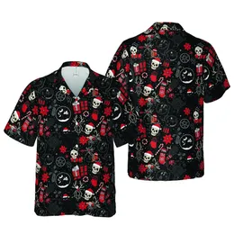 Gothic Christmas Hawaiian Pattern: Black Cat Skull, Red Stockings, Dark Rose, Pentagram Fabric Design Short-sleeve Hawaiian Shirt