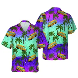 Yellow School Bus Palm Tree: Hawaiian Tropical Teal Fuchsia Purple Gradient Print Short-sleeve Hawaiian Shirt