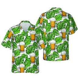 Hawaiian Golden Beer Steins Frothy Foam Black Outlines Monstera Leaf Fabric Design Short-sleeve Hawaiian Shirt