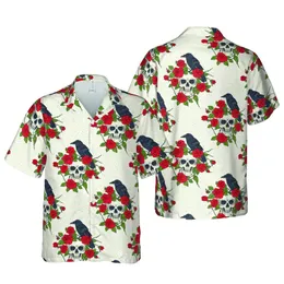 Hawaiian Skull Raven Rose Pattern: Intricate Botanical Vine & Red Flower Design Short-sleeve Hawaiian Shirt