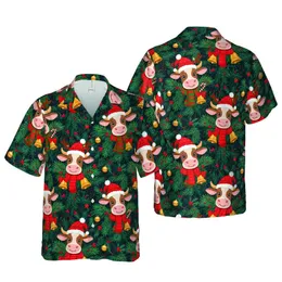Cow Lover Hawaiian Christmas Cow Faces: Santa Hats, Reindeer Antlers, Pine & Holly Short-sleeve Hawaiian Shirt