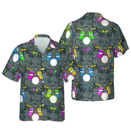 Drummer's Tropical Cartoon Drum Kit: Magenta Teal Palm Sublimation Art Short-sleeve Hawaiian Shirt