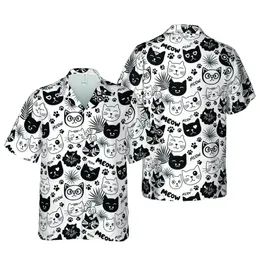Cat Lover Black White Doodle Cat Faces Paw Prints MEOW Text Seamless Fabric Pattern Short-sleeve Hawaiian Shirt