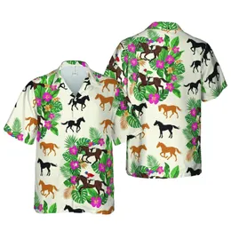 Thoroughbred Racehorse Jockeys: Colorful Hawaiian Galloping Horse & Tropical Botanicals Short-sleeve Hawaiian Shirt