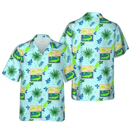 Green Alligator Hawaiian Design: Teal Pools, Peach Frame, Palm Fronds, Geometric Details Short-sleeve Hawaiian Shirt