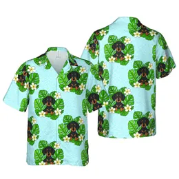 Dachshund Lovers: Cute Hawaiian Puppy & Tropical Leaf Plumeria Sky Blue Design Short-sleeve Hawaiian Shirt
