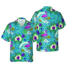 Vibrant Tropical Ocean Adventure: Surfing Flamingo Angelfish Plumeria Hibiscus Foliage Print Short-sleeve Hawaiian Shirt