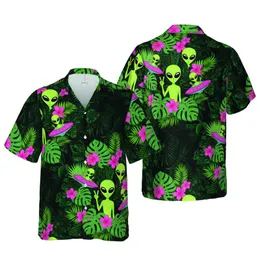 Lime Alien Peace Sign Flying Saucer Tropical Jungle Foliage Pink Bloom Print Short-sleeve Hawaiian Shirt