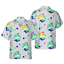 Bowler's Hawaiian Pins & Balls Hexagon Circle Triangle Dash Line Motif Short-sleeve Hawaiian Shirt
