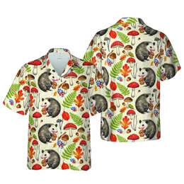 Opossum Mushroom Watercolor: Hawaiian Wildlife Autumn Foliage All-Over Pattern Short-sleeve Hawaiian Shirt