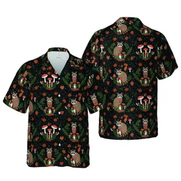 Raccoons Mushroom Forest Night Tropical Pattern with Autumn Leaves & Light Specks Short-sleeve Hawaiian Shirt
