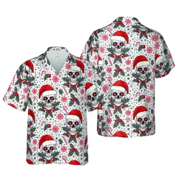 Skull Santa Hat & Glowing Red Eye Pattern, Snowflakes, Candy Canes, Holly, Grey Stars Short-sleeve Hawaiian Shirt