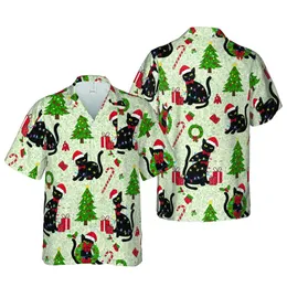 Black Cat Lover's Edge-to-Edge Hawaiian Christmas Lights Santa Hats Holly Print Short-sleeve Hawaiian Shirt