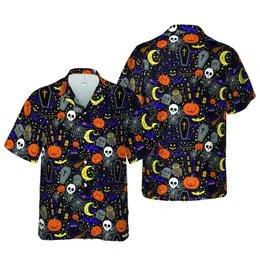 Haunted Aloha: Orange Black Houses, Skulls, Jack-o'-Lanterns, Bats, Moons Print Short-sleeve Hawaiian Shirt